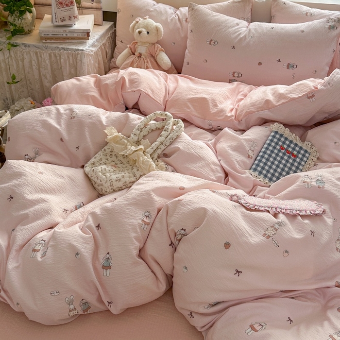 91家纺网 家纺一手货源 找家纺 丽美人家纺 2025新款【全尺寸不断货】高克重木棉提花双层纱四件套 QB兔小姐