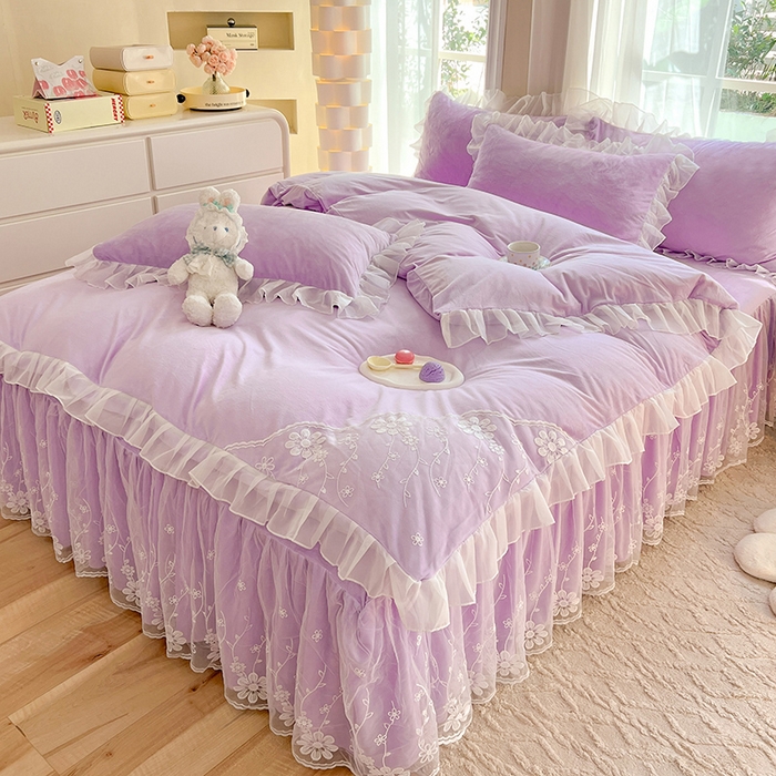 91家纺网 家纺一手货源 找家纺 唐人居 2025新款宝宝绒蕾丝花边四件套--米朵系列 米朵-浅紫