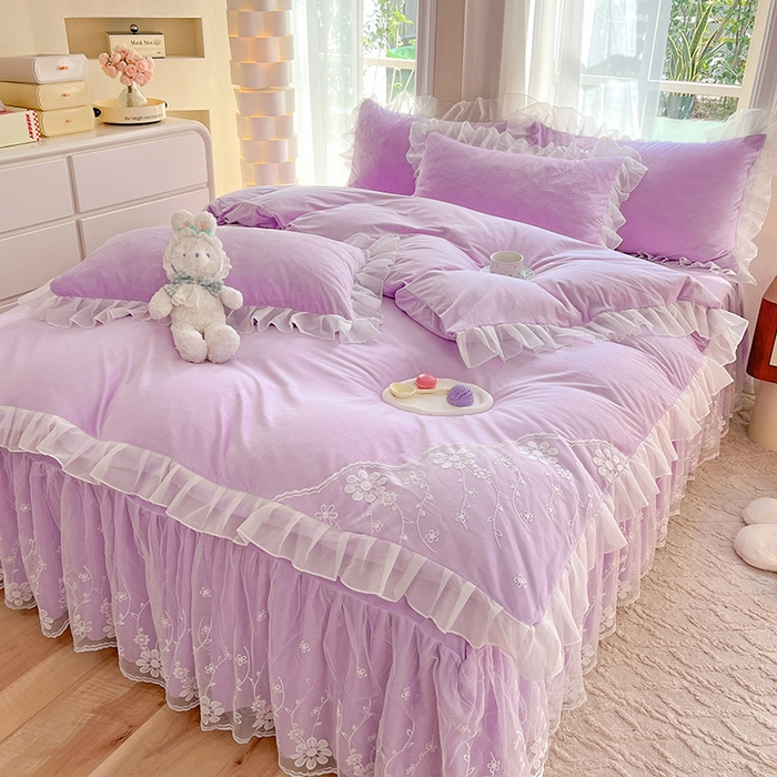 91家纺网 家纺一手货源 找家纺 唐人居 2025新款宝宝绒蕾丝花边四件套--米朵系列 米朵-浅紫