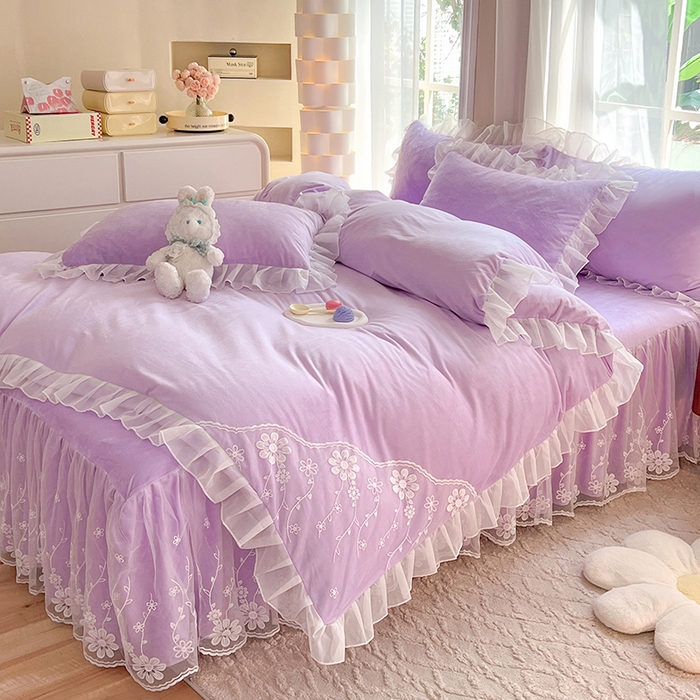 91家纺网 家纺一手货源 找家纺 唐人居 2025新款宝宝绒蕾丝花边四件套--米朵系列 米朵-浅紫