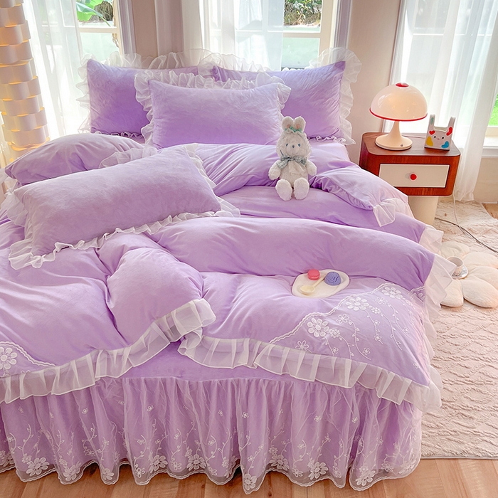 91家纺网 家纺一手货源 找家纺 唐人居 2025新款宝宝绒蕾丝花边四件套--米朵系列 米朵-浅紫