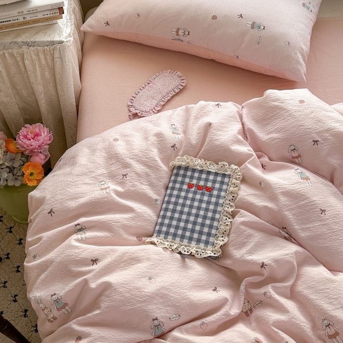 91家纺网 家纺一手货源 找家纺 丽美人家纺 2025新款【全尺寸不断货】高克重木棉提花双层纱四件套 QB兔小姐