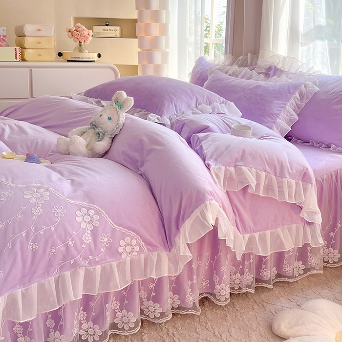 91家纺网 家纺一手货源 找家纺 唐人居 2025新款宝宝绒蕾丝花边四件套--米朵系列 米朵-浅紫