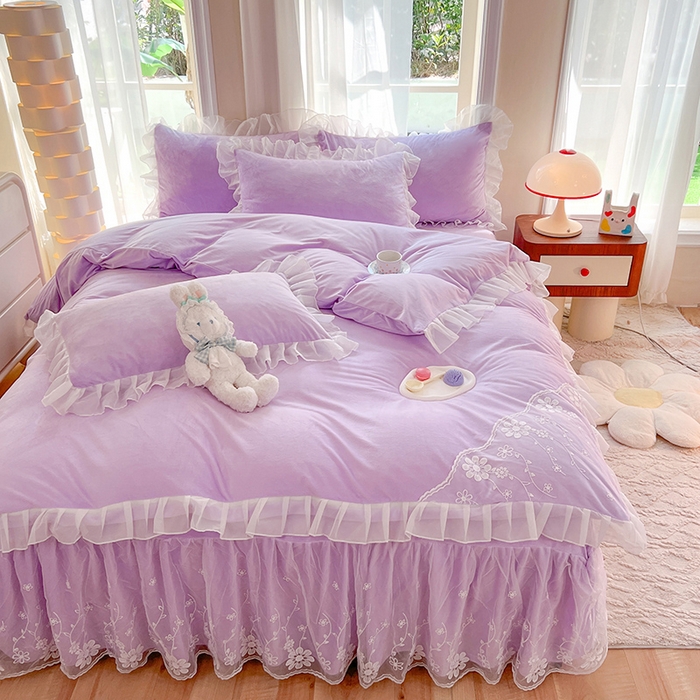 91家纺网 家纺一手货源 找家纺 唐人居 2025新款宝宝绒蕾丝花边四件套--米朵系列 米朵-浅紫