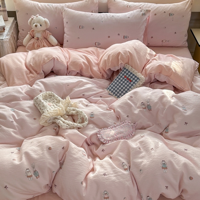 91家纺网 家纺一手货源 找家纺 丽美人家纺 2025新款【全尺寸不断货】高克重木棉提花双层纱四件套 QB兔小姐