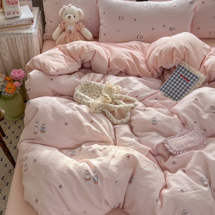 91家纺网 家纺一手货源 找家纺 丽美人家纺 2025新款【全尺寸不断货】高克重木棉提花双层纱四件套 QB兔小姐