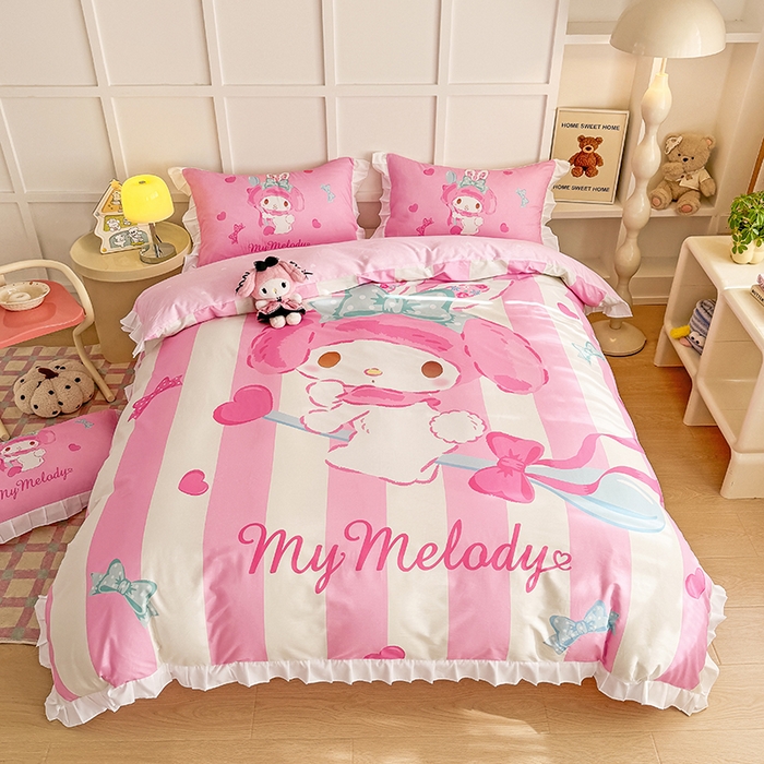 2025新款大版三丽鸥系列 纯棉床单全棉床裙学生三四件套 花边款 大版花边-甜心美乐蒂