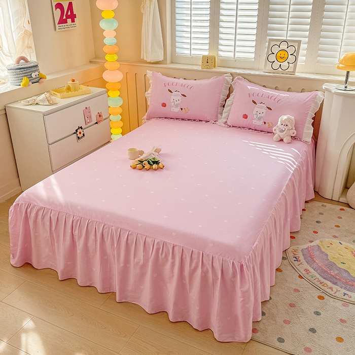 91家纺网 家纺一手货源 找家纺 2025新款大版三丽鸥系列 纯棉床单全棉床裙学生三四件套 花边款 花边款-活力帕恰狗