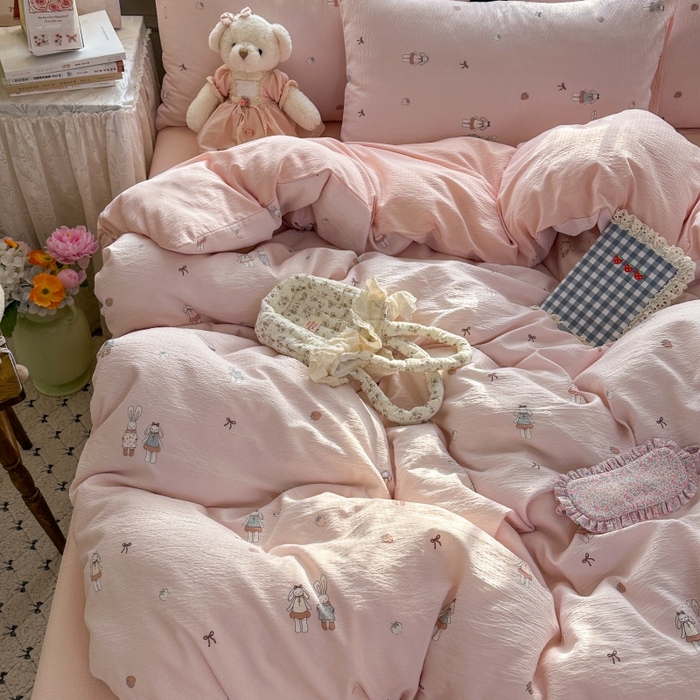 91家纺网 家纺一手货源 找家纺 丽美人家纺 2025新款【全尺寸不断货】高克重木棉提花双层纱四件套 QB兔小姐