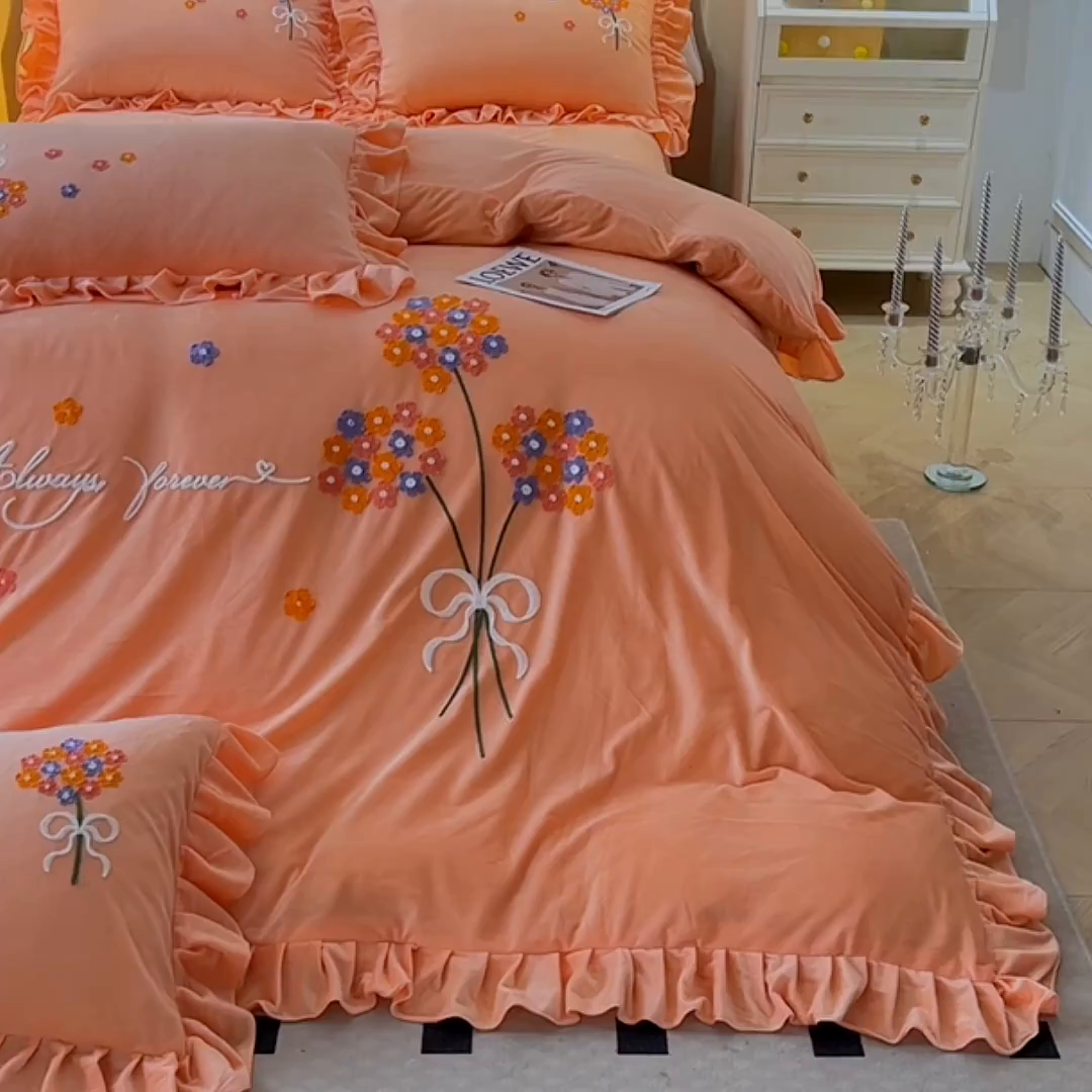 91家纺网 家纺一手货源 找家纺 （总）唐人居 2025新款水晶绒毛巾绣四件套--幸福花开系列