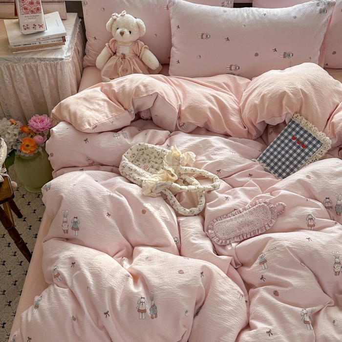 91家纺网 家纺一手货源 找家纺 丽美人家纺 2025新款【全尺寸不断货】高克重木棉提花双层纱四件套 QB兔小姐