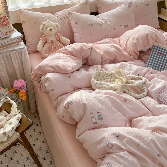 91家纺网 家纺一手货源 找家纺 丽美人家纺 2025新款【全尺寸不断货】高克重木棉提花双层纱四件套 QB兔小姐