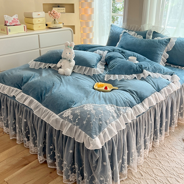 91家纺网 家纺一手货源 找家纺 唐人居 2025新款宝宝绒蕾丝花边四件套--米朵系列 米朵-深蓝