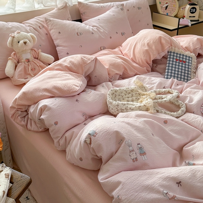 91家纺网 家纺一手货源 找家纺 丽美人家纺 2025新款【全尺寸不断货】高克重木棉提花双层纱四件套 QB兔小姐