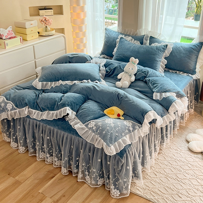 91家纺网 家纺一手货源 找家纺 唐人居 2025新款宝宝绒蕾丝花边四件套--米朵系列 米朵-深蓝