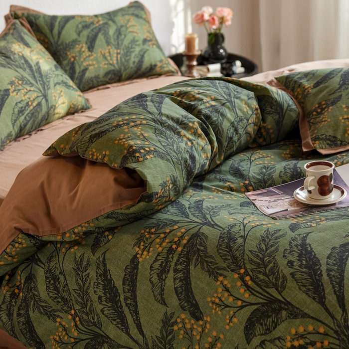 91家纺网 家纺一手货源 找家纺 千朵森 2025新款全棉拼角印花磨毛四件套 青枝