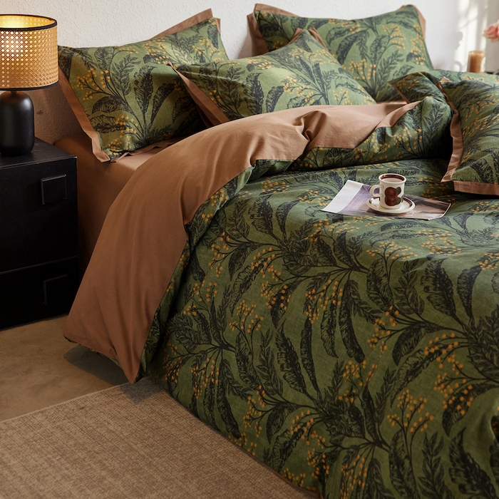 91家纺网 家纺一手货源 找家纺 千朵森 2025新款全棉拼角印花磨毛四件套 青枝