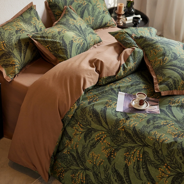 91家纺网 家纺一手货源 找家纺 千朵森 2025新款全棉拼角印花磨毛四件套 青枝