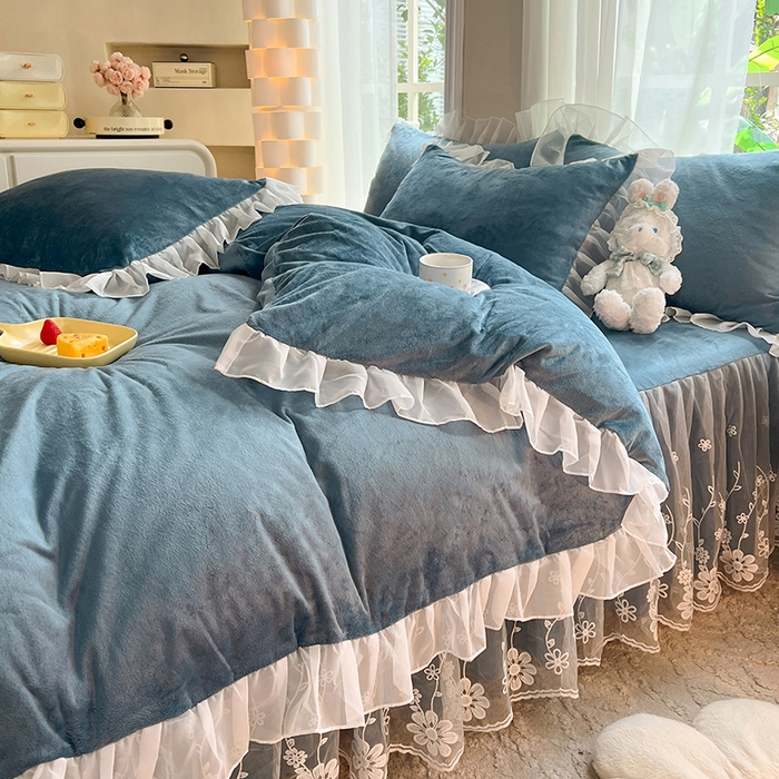 91家纺网 家纺一手货源 找家纺 唐人居 2025新款宝宝绒蕾丝花边四件套--米朵系列 米朵-深蓝