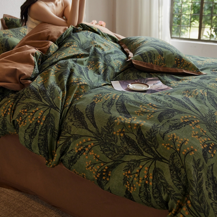 91家纺网 家纺一手货源 找家纺 千朵森 2025新款全棉拼角印花磨毛四件套 青枝