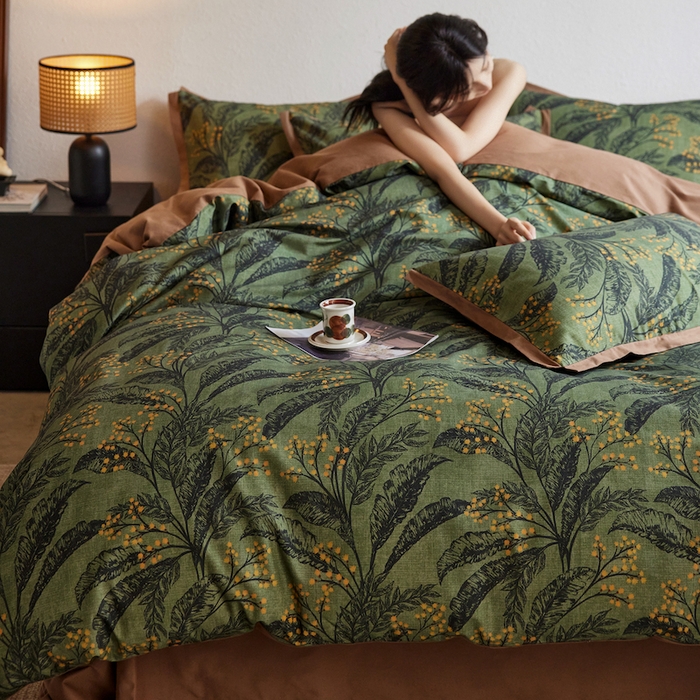 91家纺网 家纺一手货源 找家纺 千朵森 2025新款全棉拼角印花磨毛四件套 青枝