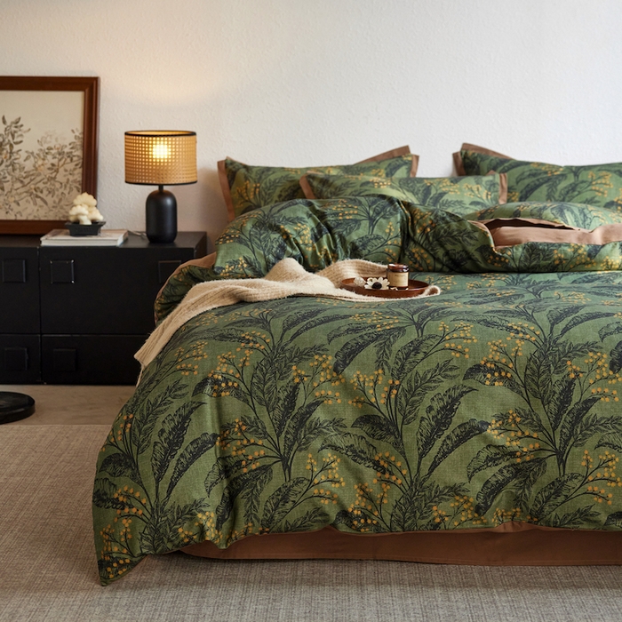 91家纺网 家纺一手货源 找家纺 千朵森 2025新款全棉拼角印花磨毛四件套 青枝