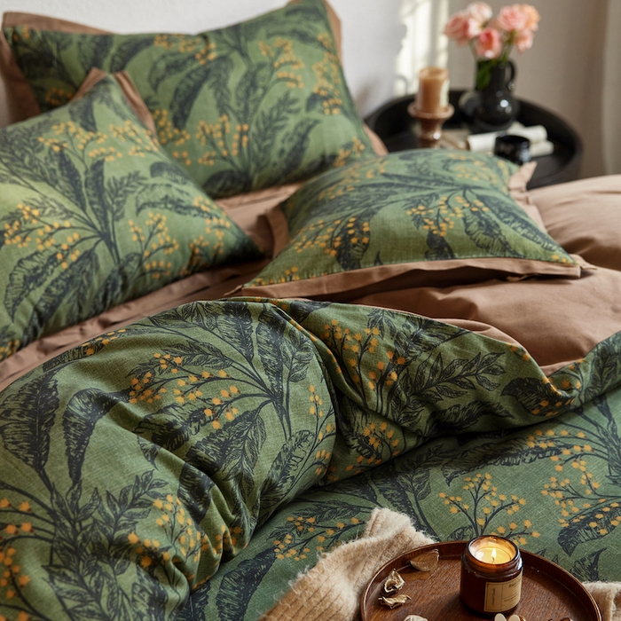 91家纺网 家纺一手货源 找家纺 千朵森 2025新款全棉拼角印花磨毛四件套 青枝