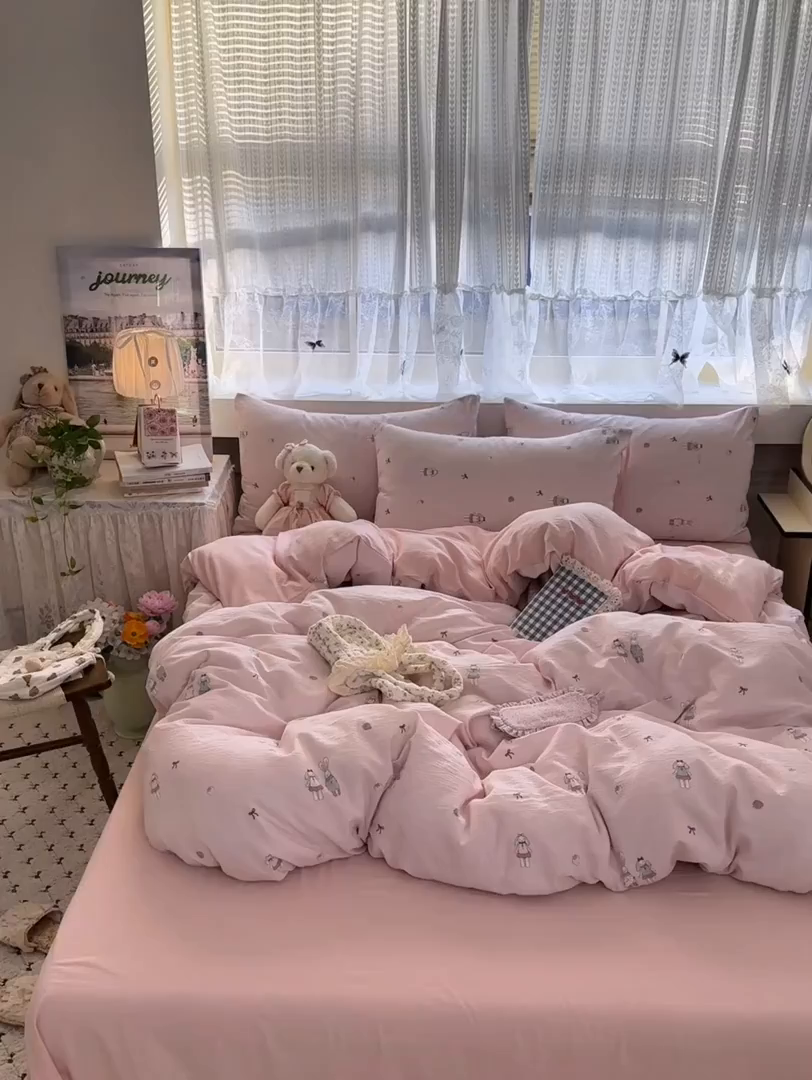 91家纺网 家纺一手货源 找家纺 丽美人家纺 2025新款【全尺寸不断货】高克重木棉提花双层纱四件套 QB兔小姐