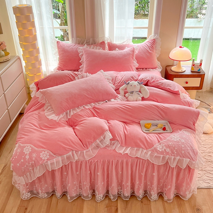 唐人居 2025新款宝宝绒蕾丝花边四件套--米朵系列 米朵-樱桃粉