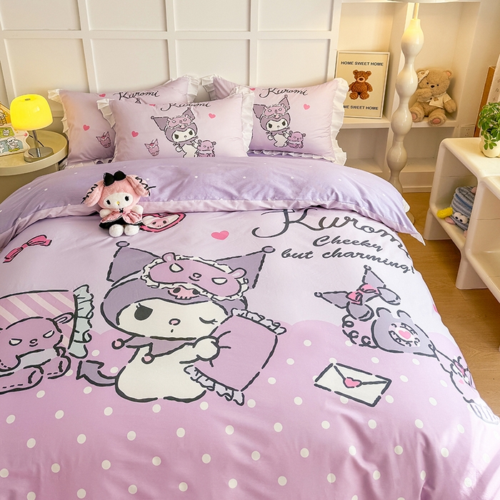 91家纺网 家纺一手货源 找家纺 2025新款大版三丽鸥系列 纯棉床单全棉床裙学生三四件套 花边款 大版花边-晚安库洛米