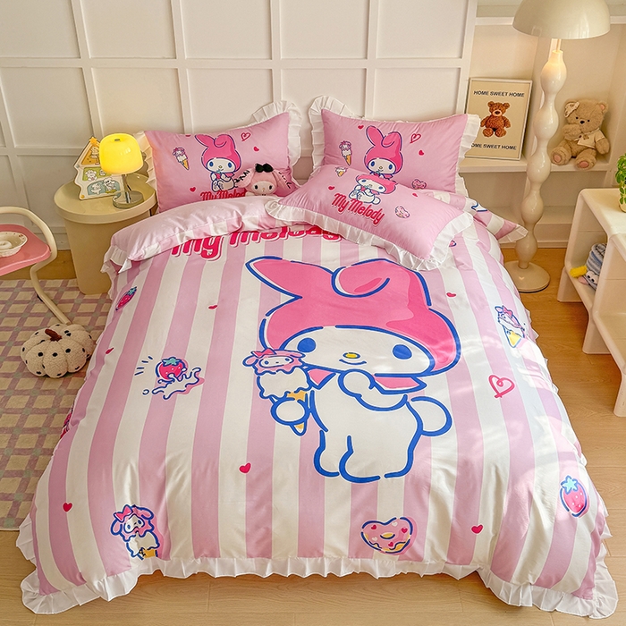 2025新款大版三丽鸥系列 纯棉床单全棉床裙学生三四件套 花边款 大版花边-甜筒美乐蒂