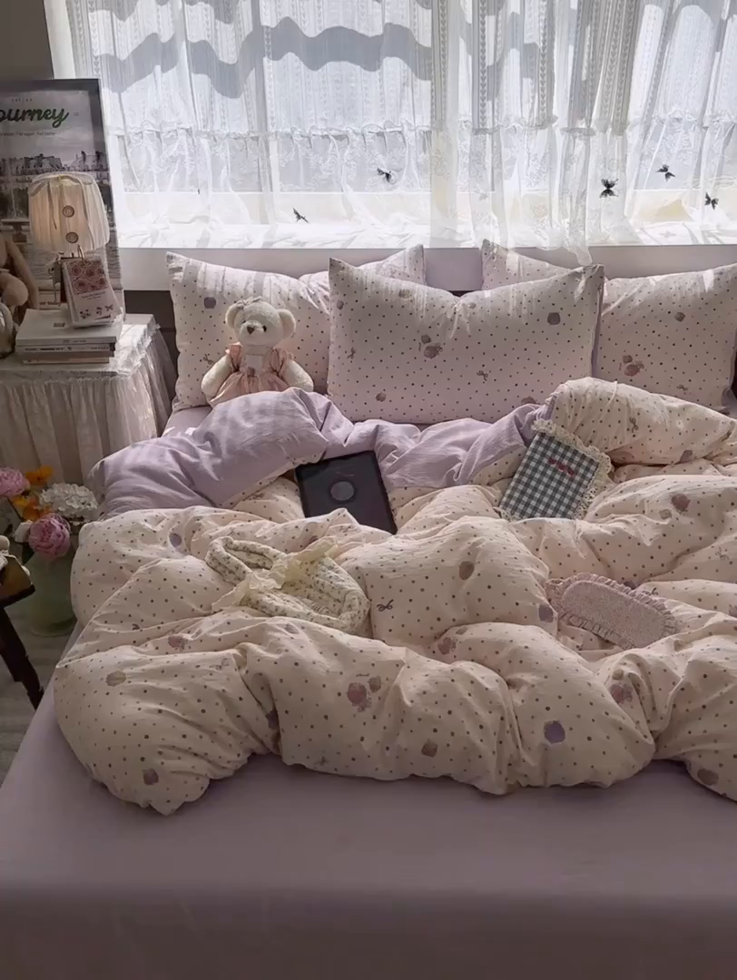 91家纺网 家纺一手货源 找家纺 丽美人家纺 2025新款【全尺寸不断货】高克重木棉提花双层纱四件套 QB小甜心