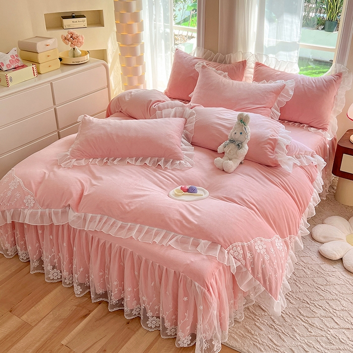 91家纺网 家纺一手货源 找家纺 唐人居 2025新款宝宝绒蕾丝花边四件套--米朵系列 米朵-玉