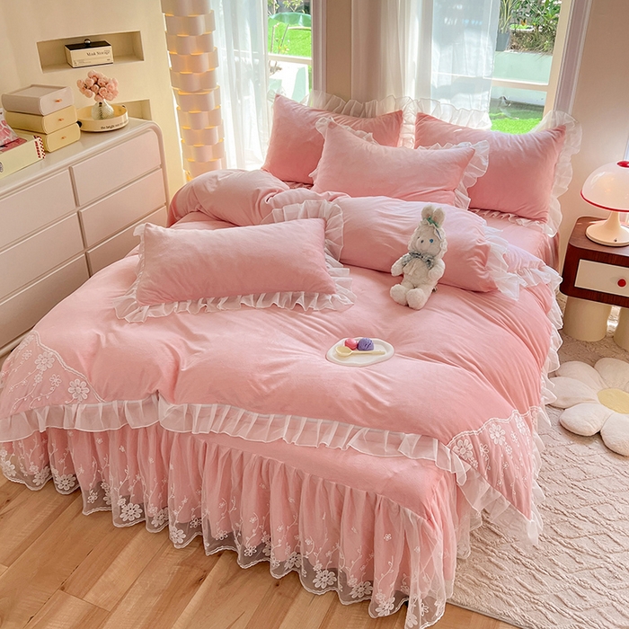 91家纺网 家纺一手货源 找家纺 唐人居 2025新款宝宝绒蕾丝花边四件套--米朵系列 米朵-玉