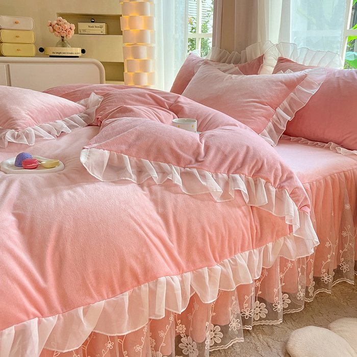 91家纺网 家纺一手货源 找家纺 唐人居 2025新款宝宝绒蕾丝花边四件套--米朵系列 米朵-玉