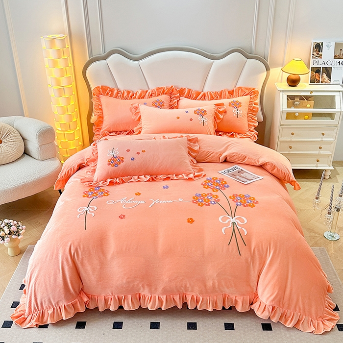 唐人居 2025新款水晶绒毛巾绣四件套--幸福花开系列 幸福花开-橙色