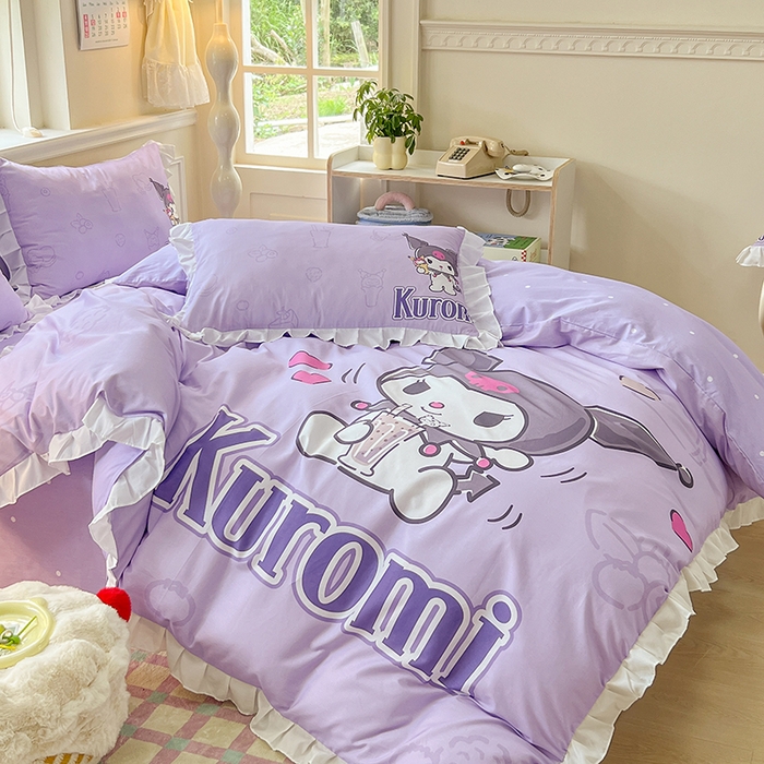 91家纺网 家纺一手货源 找家纺 2025新款大版三丽鸥系列 纯棉床单全棉床裙学生三四件套 花边款 大版花边-饮料