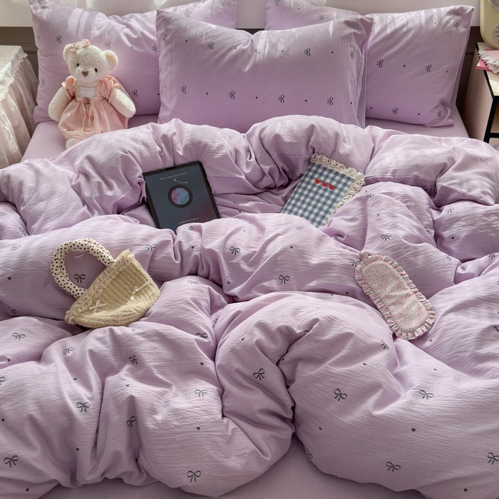 91家纺网 家纺一手货源 找家纺 丽美人家纺 2025新款【全尺寸不断货】高克重木棉提花双层纱四件套 QB紫蝴蝶结