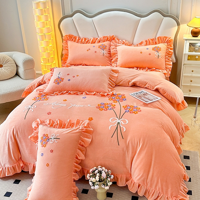 91家纺网 家纺一手货源 找家纺 唐人居 2025新款水晶绒毛巾绣四件套--幸福花开系列 幸福花开-橙色