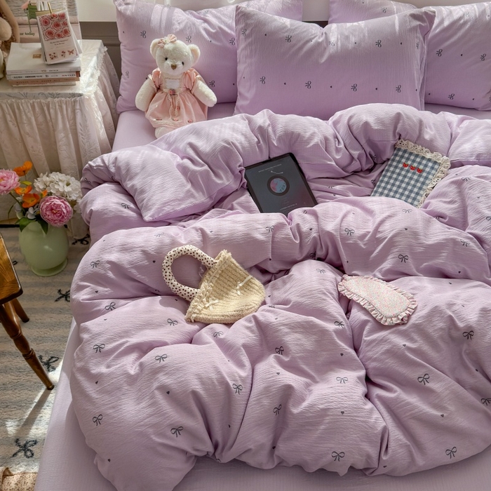 91家纺网 家纺一手货源 找家纺 丽美人家纺 2025新款【全尺寸不断货】高克重木棉提花双层纱四件套 QB紫蝴蝶结