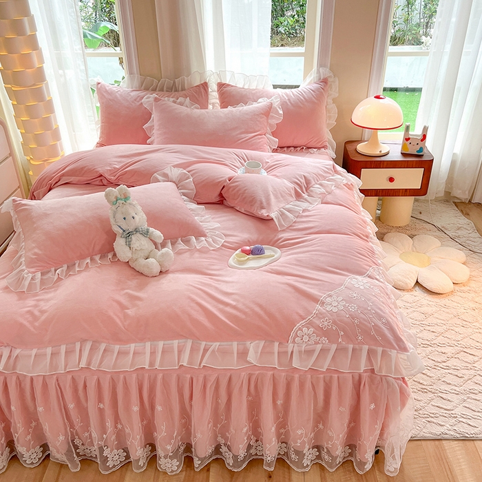 91家纺网 家纺一手货源 找家纺 唐人居 2025新款宝宝绒蕾丝花边四件套--米朵系列 米朵-玉