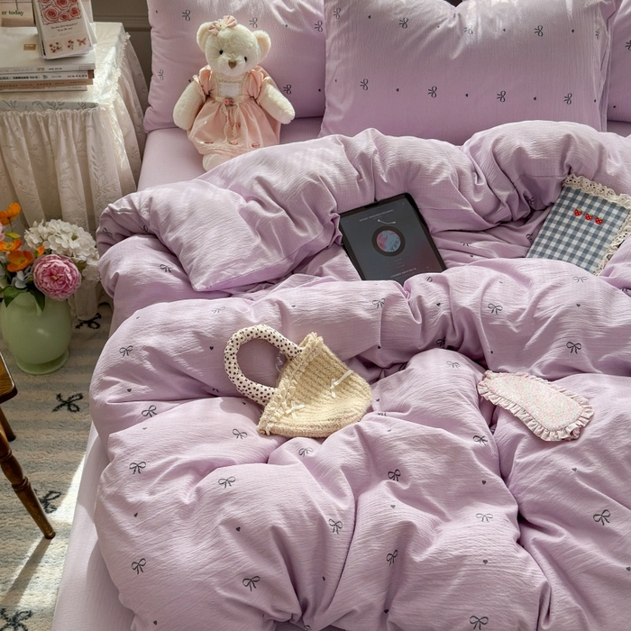 91家纺网 家纺一手货源 找家纺 丽美人家纺 2025新款【全尺寸不断货】高克重木棉提花双层纱四件套 QB紫蝴蝶结