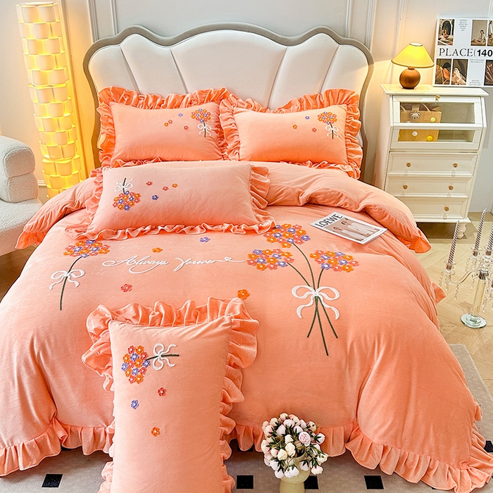 91家纺网 家纺一手货源 找家纺 唐人居 2025新款水晶绒毛巾绣四件套--幸福花开系列 幸福花开-橙色