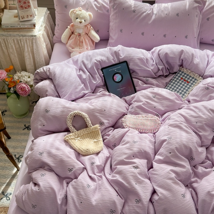 91家纺网 家纺一手货源 找家纺 丽美人家纺 2025新款【全尺寸不断货】高克重木棉提花双层纱四件套 QB紫蝴蝶结