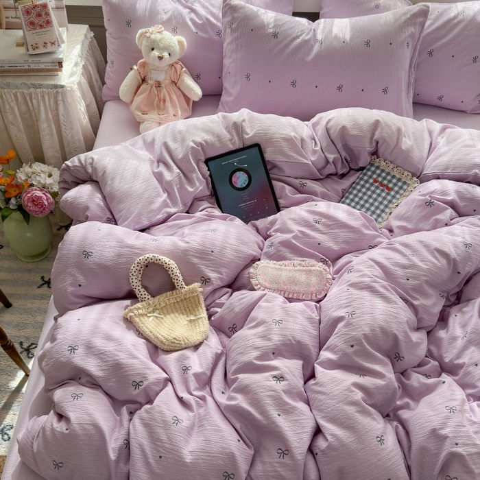 91家纺网 家纺一手货源 找家纺 丽美人家纺 2025新款【全尺寸不断货】高克重木棉提花双层纱四件套 QB紫蝴蝶结