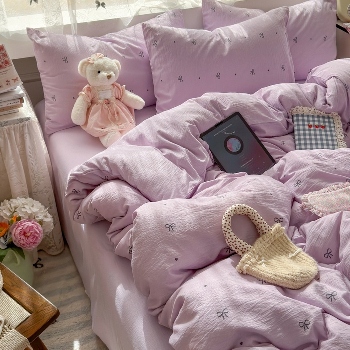 91家纺网 家纺一手货源 找家纺 丽美人家纺 2025新款【全尺寸不断货】高克重木棉提花双层纱四件套 QB紫蝴蝶结