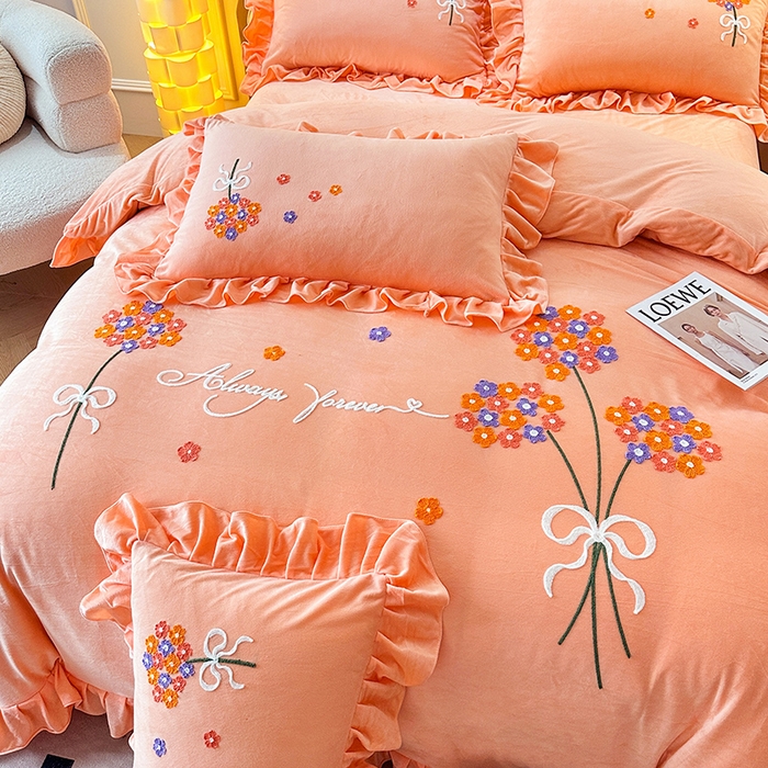 91家纺网 家纺一手货源 找家纺 唐人居 2025新款水晶绒毛巾绣四件套--幸福花开系列 幸福花开-橙色