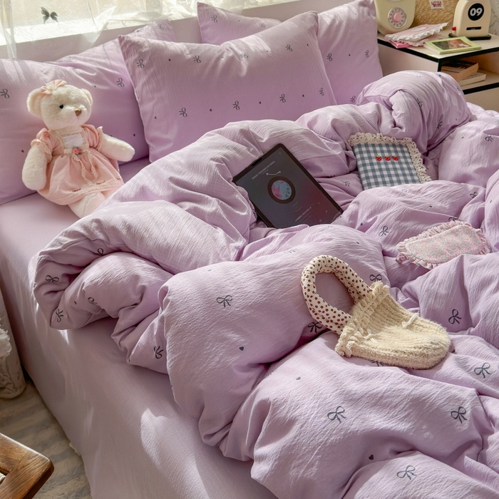 91家纺网 家纺一手货源 找家纺 丽美人家纺 2025新款【全尺寸不断货】高克重木棉提花双层纱四件套 QB紫蝴蝶结