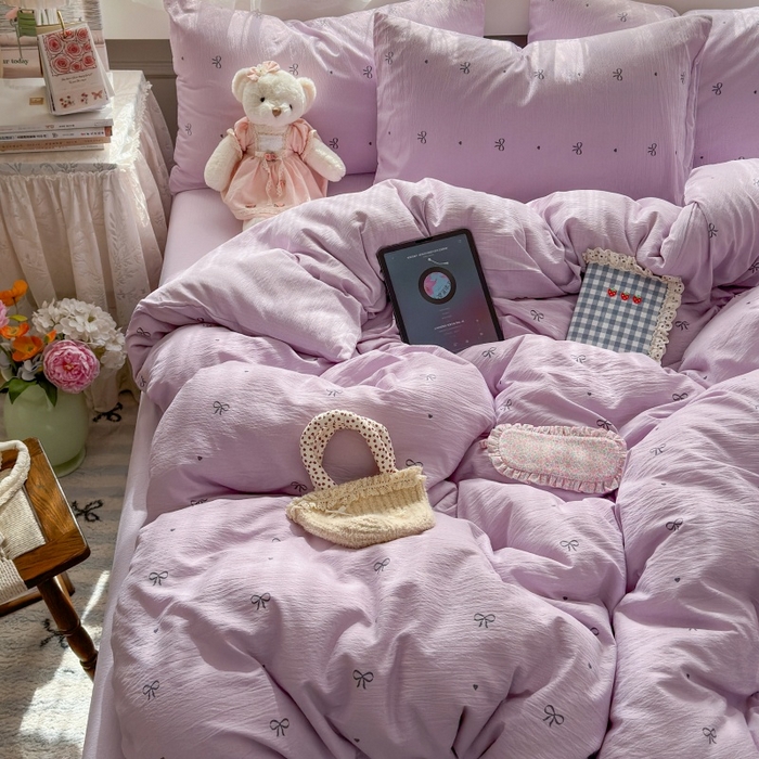 91家纺网 家纺一手货源 找家纺 丽美人家纺 2025新款【全尺寸不断货】高克重木棉提花双层纱四件套 QB紫蝴蝶结