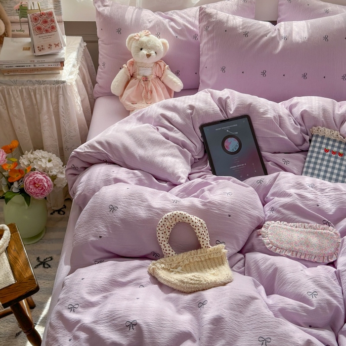 91家纺网 家纺一手货源 找家纺 丽美人家纺 2025新款【全尺寸不断货】高克重木棉提花双层纱四件套 QB紫蝴蝶结